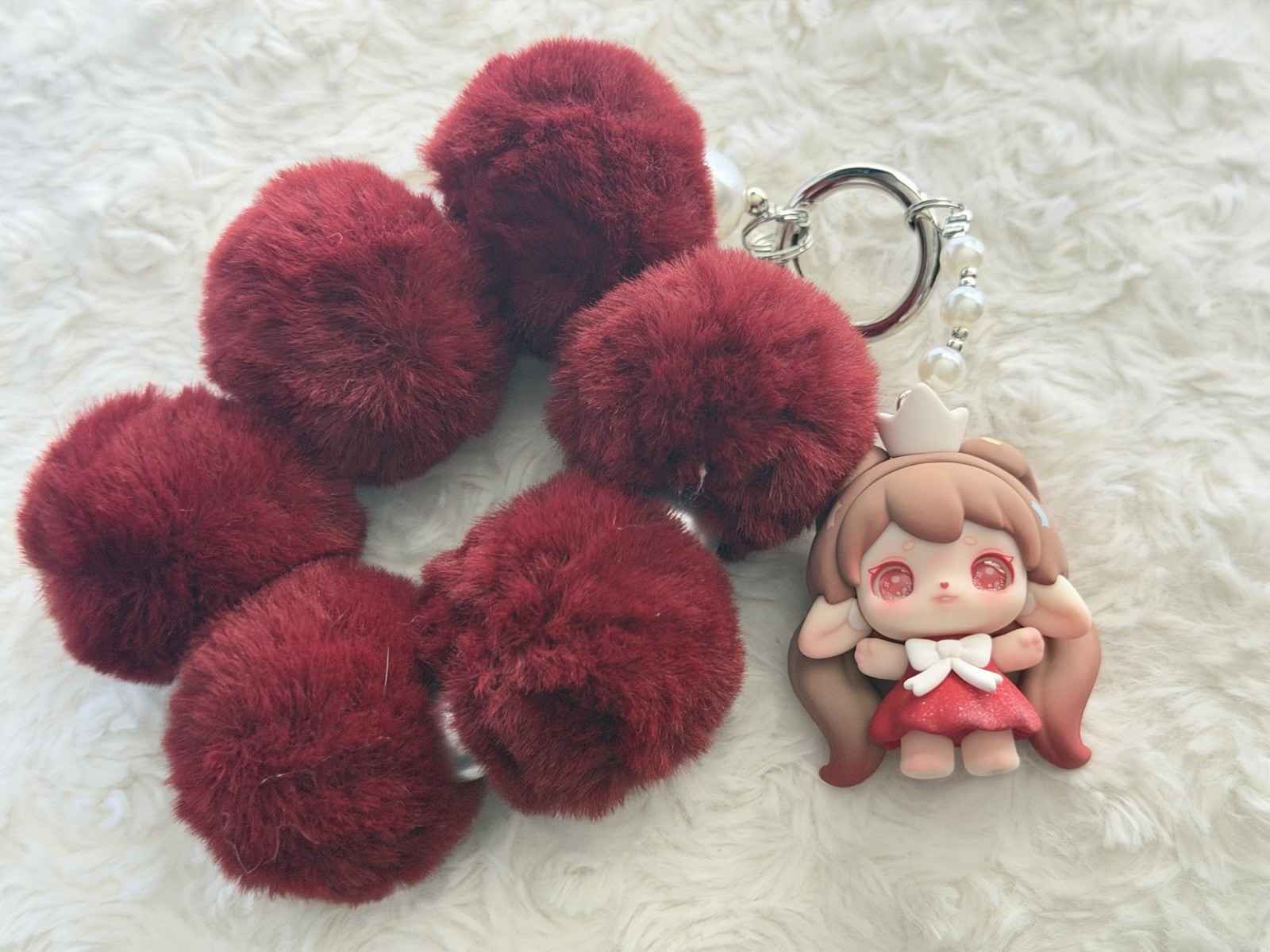 Handmade Red Princess Girl Plush Pom Pom Wristlet Keychain or Bag Charm