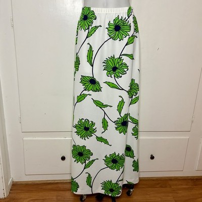 Vintage 70s Beeline Fashions Neon Green White Floral Knit Polyester Maxi Skirt 