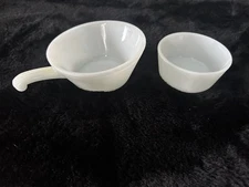 Vintage Anchor Hocking Milk Glass Handled Soup Bowl and custard dish fire king