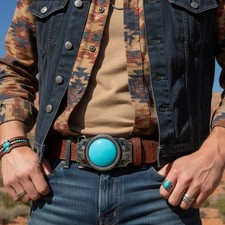 Men Rodeo Western Fashion Belt Buckle Silver Metal Turquoise Blue Bead Cowboys