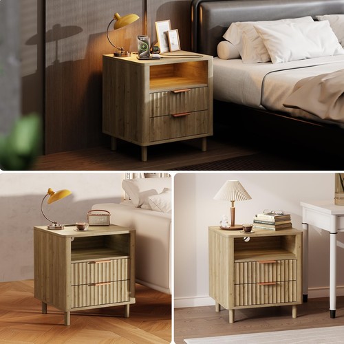 Night Stand with Charging Station, Fluted Bedside Table with 2 Drawers Storag... - Picture 7 of 7