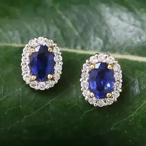 Pendiente de diamantes y zafiros naturales de corte ovalado de 4,70 quilates de oro blanco real de 14 k Foto 2 de 3