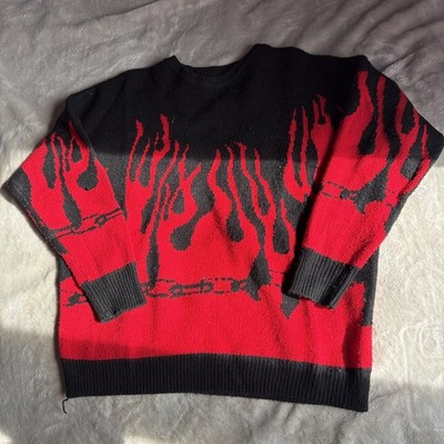 FANJIUNIU Black Flame Knit Sweater Unisex Crew Neck Long Sleeve Fire Print Large