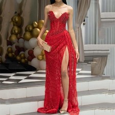 Red Formal Dress Shiny Sequined Deep V-Neck Evening Gown Bead-Embellished Fringe