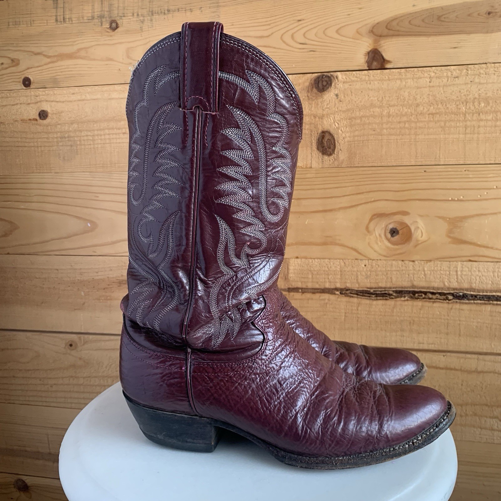 VTG Justin Burgundy Red Shark Skin Boots 8.5D Exotic Cowboy Western Stitch