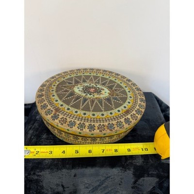 Vintage Round Metal Tin Bohemian Floral Sunburst Decorative Storage Green Gold