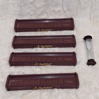 Scrabble Deluxe Turntable Edition Tile Racks Set 4 w/ Letter Guide & Timer Game