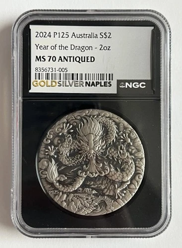2024 Australia Lunar Year of the Dragon 2oz 999 Silver Coin NGC MS 70 Antiqued 