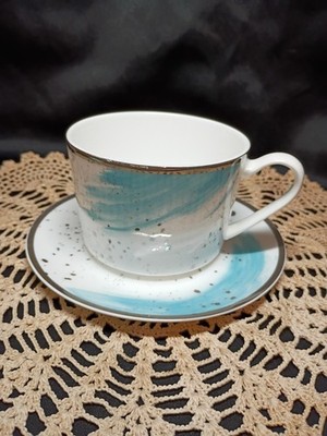 Olivia & Oliver Splatter Platinum Aqua Watercolor Splash Cup & Saucer.     (54)t