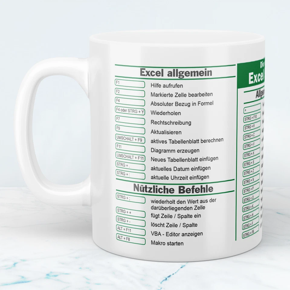 Keramik Tasse mit Excel Shortcuts Kurzbefehlen, Geschenk für Kollegen - Bild 2 von 4
