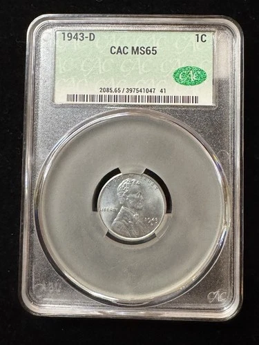 1943-D CAC MS65 Lincoln Steel Wheat Cent CACG Penny WWII