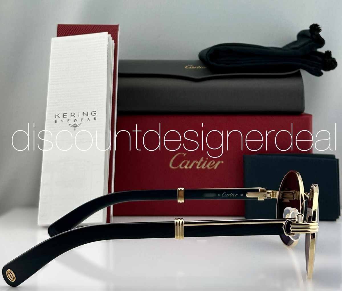 Cartier Oval Sunglasses Yellow Gold Frame Blue Wood Blue