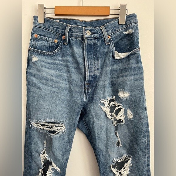 Levi’s Premium 501 Tapered Distressed Denim Jeans - Medium Blue Wash - US 27 image 2