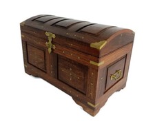 Antique Wedding Chest Trunk  Ornate Hand carved Wood Inlay  Brass Handles Tray W