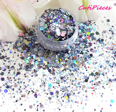 Nail Art Glitter *Silver Mist* Fine Mylar Flake Gunmetal Hex Holographic 5ml Topf