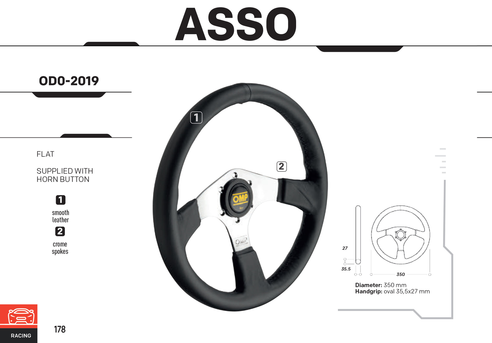 OMP ASSO SPORT STEERING WHEEL 350mm CHROME SPOKES in SMOOTH LEATHER!