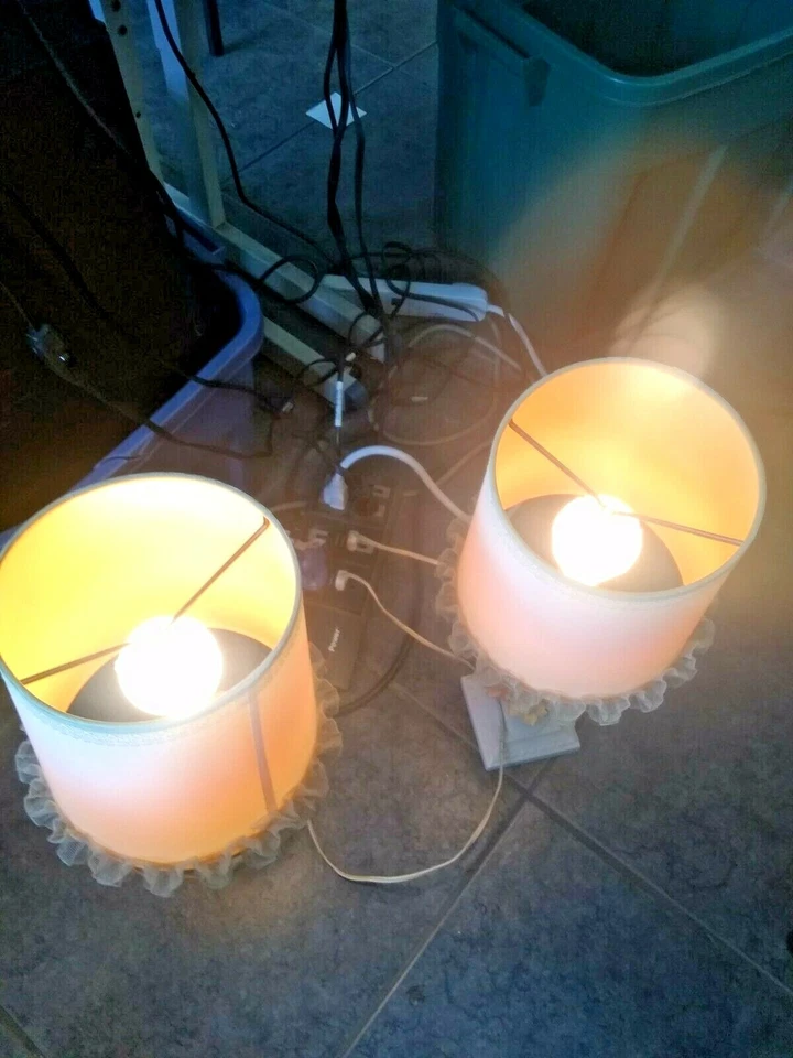 2 Nightstand Lamps Ceramic Lamp with Flowers Shade with Ruffle - Image 2 of 4