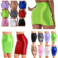 Women's Shiny Glossy Pencil Skirt High Waist Elastic Bodycon Skirts Miniskirt