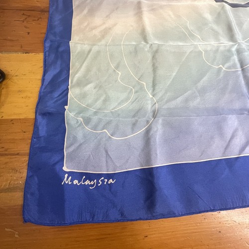 Silky Square Scarf 33.5”x 35” Blue Floral Malaysia-Made Hand Painted Beautiful - Picture 10 of 11