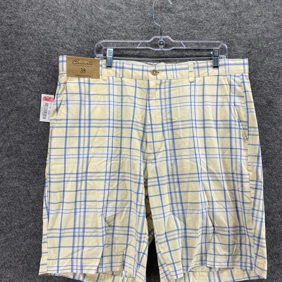 Nuevo Pantalones Cortos Roundtree & Yorke Hombres 38 Amarillo A Cuadros Tiro Alto Bermudas Calce Relajado Foto 3 de 4