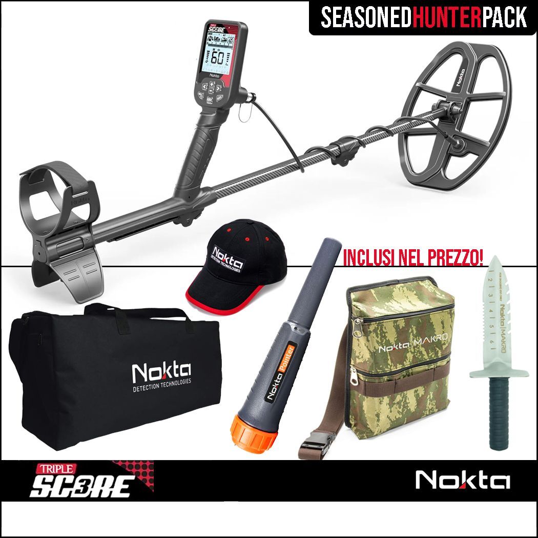 METAL DETECTOR TRIPLE SCORE 3 NOKTA 2 PIASTRE CUFFIE POINTER BORSONE COLTELLO