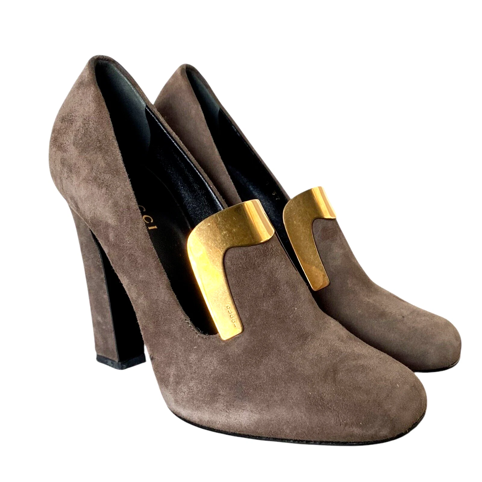 Escarpins mocassins classiques GUCCI daim taupe alma détail doré, taille 37