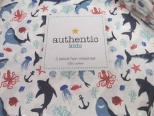 Authentic Kids White Blue Shark Octopus Whale Fish Sea Life Sheet Set - Twin