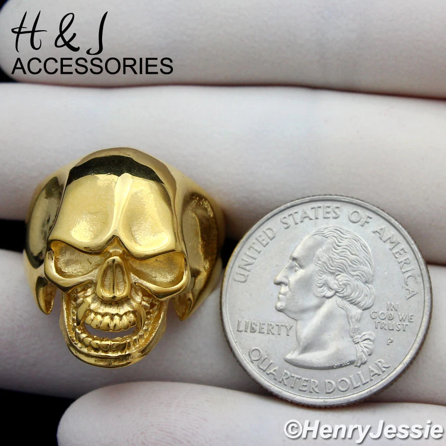 BIKER MEN Stainless Steel Gold Plated Skull Face Head Ring Size 7 12 AGR109