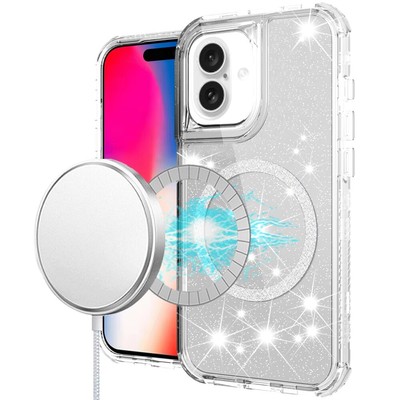 For iPhone 16 6.1inch Case Magnetic Circle Glitter Shockproof + Tempered Glass