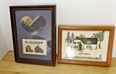 Vintage Completed and Framed Cross Stitch with Crazy Quilt Swatch Lot of Two
