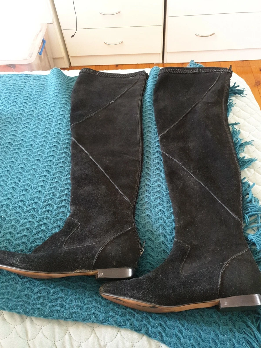 JOANNE MERCER Over Knee Boots Black Suede Leather Flat Zip Boho