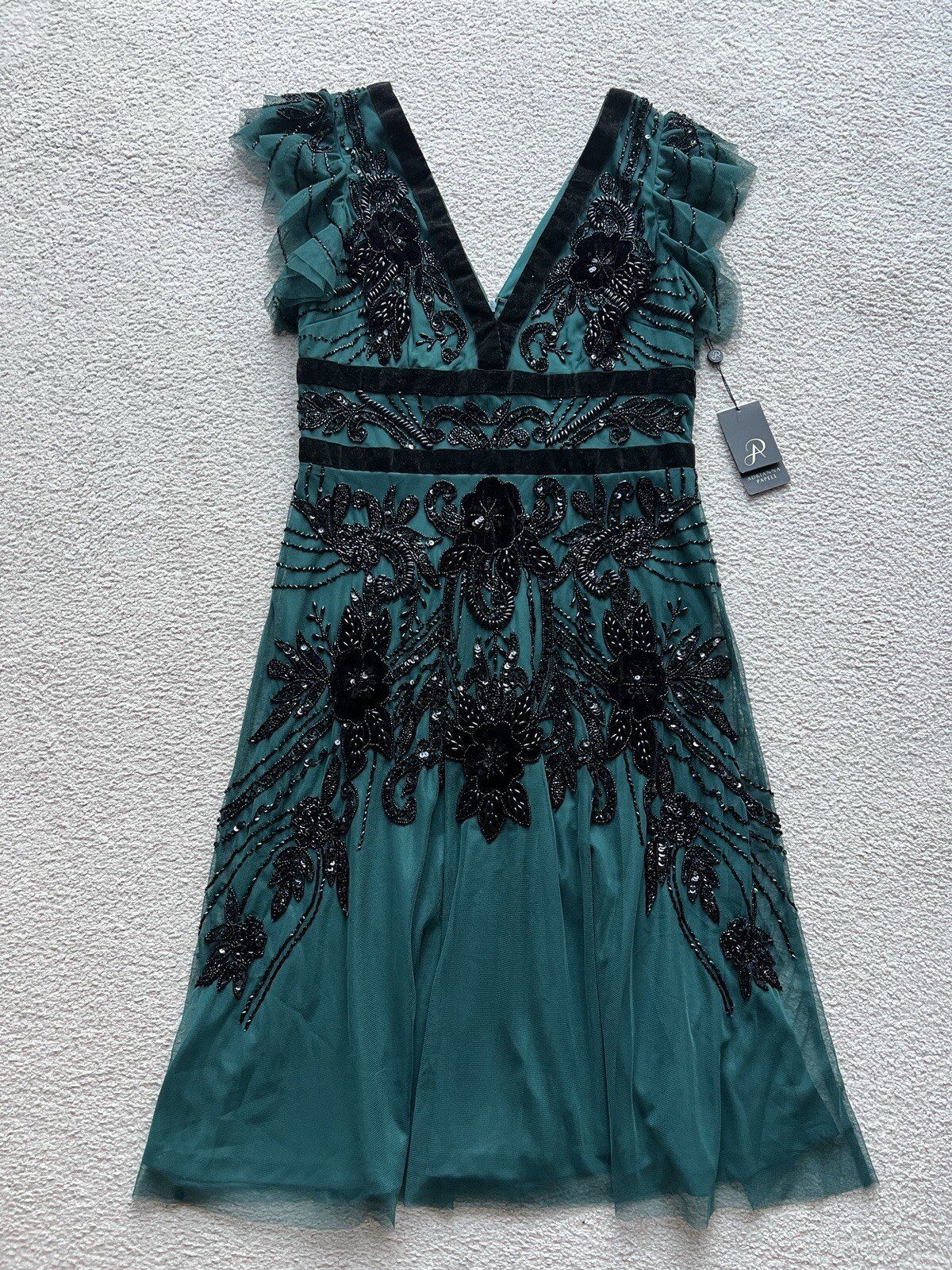 Adrianna Papell Floral Velvet Trim Embellished Flutter Sleeve Midi Dress  Green 8