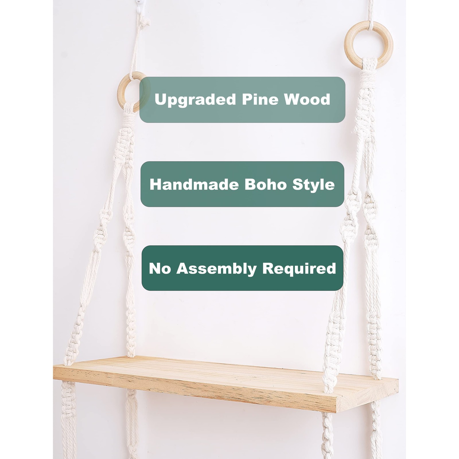 Boho 3-Tier Wooden Plant Shelves - Macrame Wall Hanging Storage for Apartment...