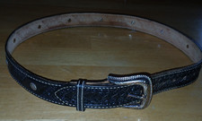 NOCONO VTG. BLACK TOOLED LEATHER BELT W/SILVER BUCKLE SILVER CONCHOS-36"-39.5"