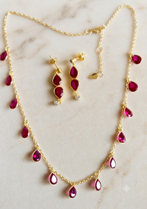 Authentic 14K Gold Plated Valentine's Day Necklace Earrings Set Pear Lab Created Ruby
