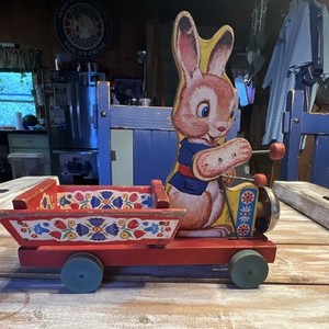 Fisher-Price Vintage Wooden Pull Toy Bunny Rabbit Wagon Cart