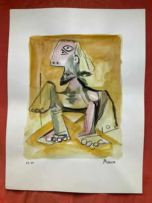 PICASSO - painting drawing 11.8 x 15.7 in  on old paper signed stamped