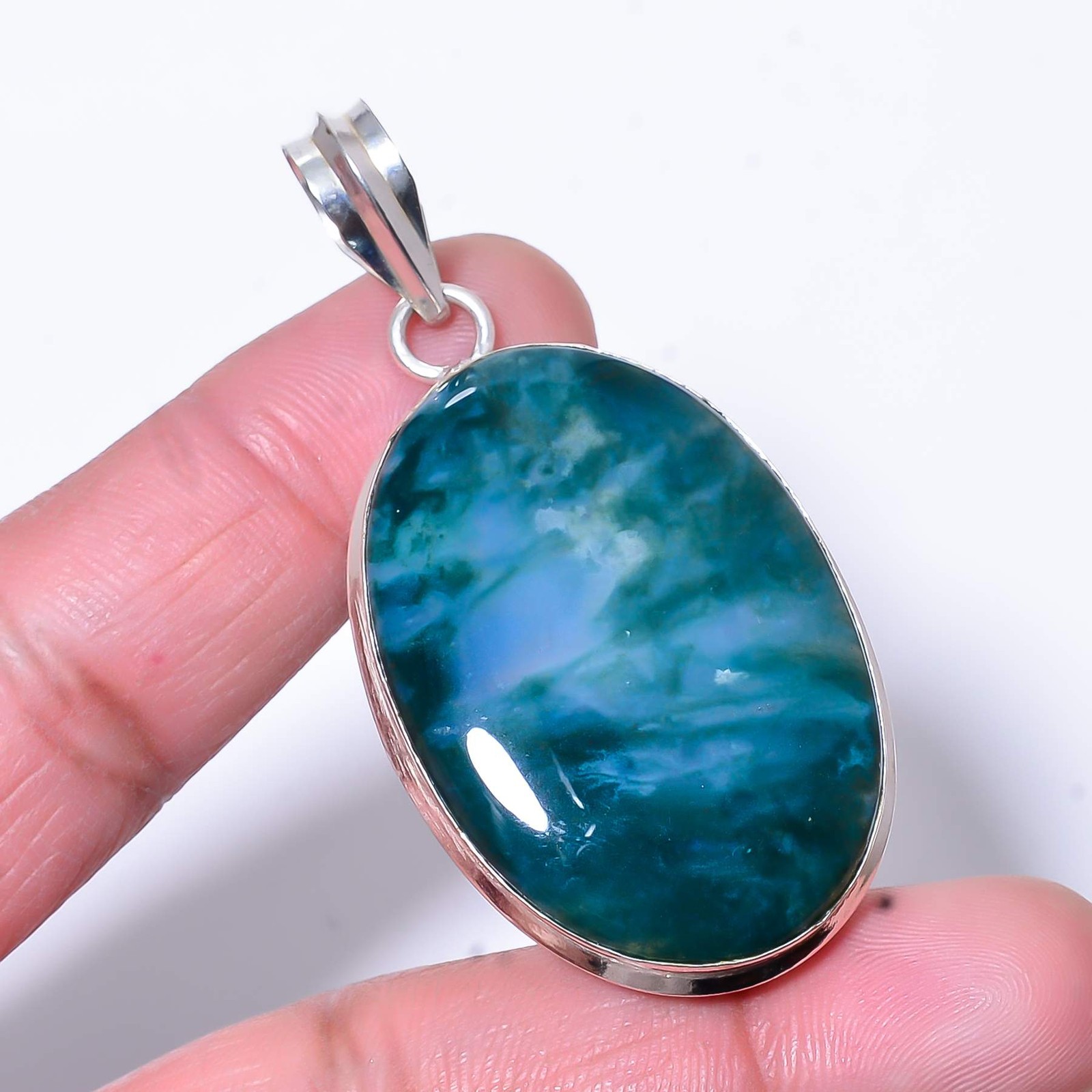 Moss Agate - India Designer Handmade 925 Sterling Silver Pendant 2.42" P44