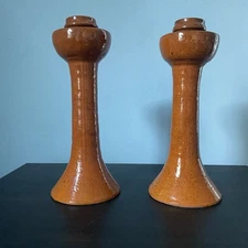 12” Jugtown Pottery Orange Glazed Candlestick Candle Holders Pair Seagrove NC
