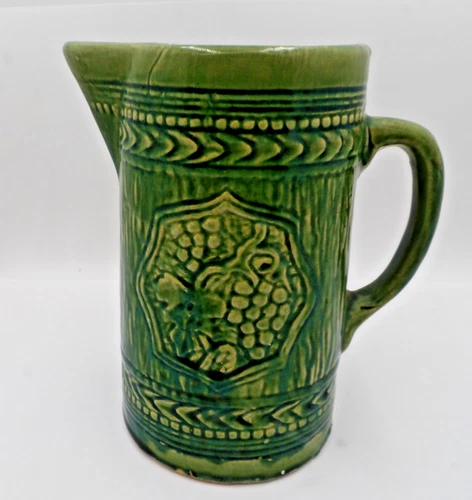 Antique Pitcher Primitive Green Salt Glazed Stoneware Grape Bark 8.5” McCoy