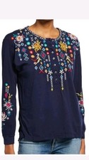 EUC sz M Johnny Was Prisca Mixed Media Thermal Boho Embroidered Top Dark Blue