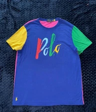 Polo Ralph Lauren Men’s T Shirt Blue Colorblock Logo Graphic Custom Slim Fit XL