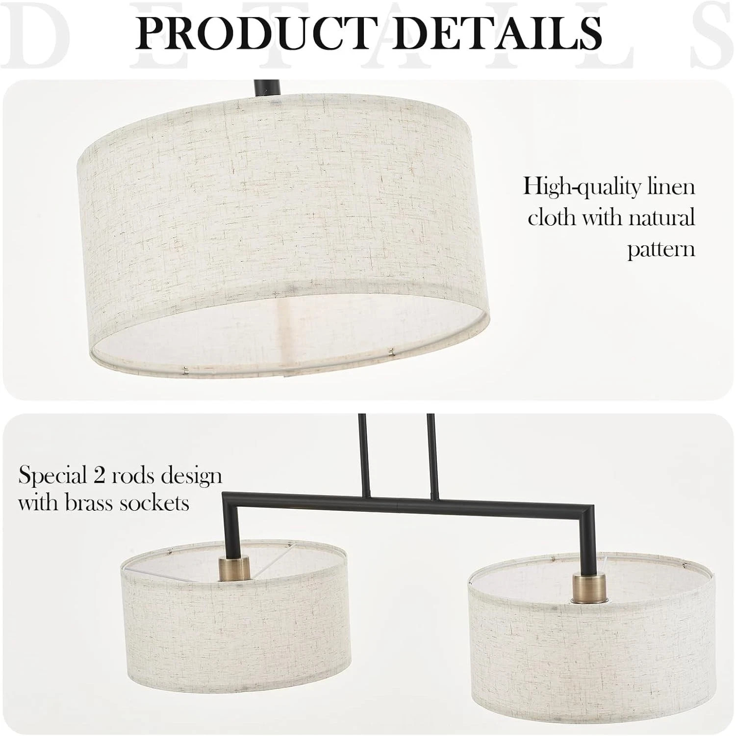 39" Modern Chandelier, 2-Light Off-White Fabric Pendant, Matte Black, UL Listed✨ thumbnail 7