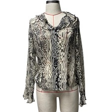 Vintage Womens Mixed Print Semi Sheer Ruffle Trim Button Up Shirt