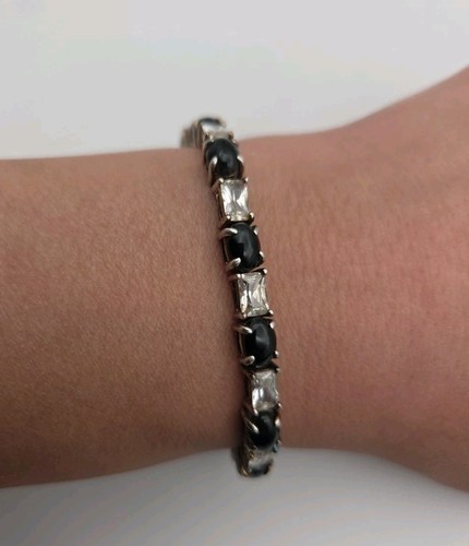 FAS 925 Sterling Silver Oval Black Onyx Tennis Bracelet 7" Wrist 16 Grams