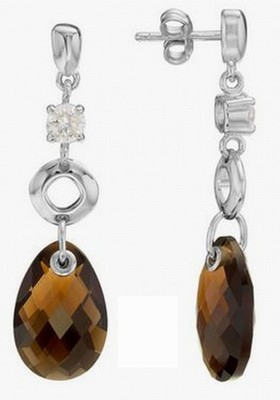 Fossil Brand Sterling Silver Smoky Quartz CZ Drop Post Earrings / Metal Tin NEW
