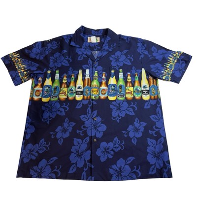 KY'S Men's Hawaiian Shirt Aloha Beer Bottle Print Button Up Size L
