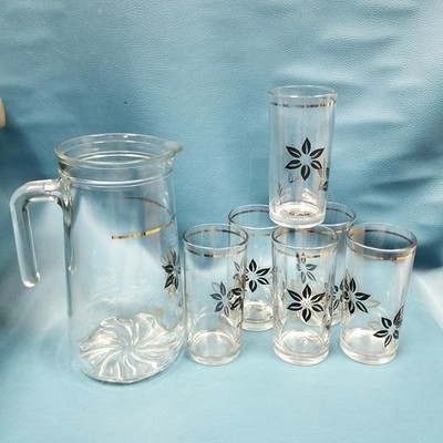 VTG MCM Cerve Devalbor Italy Clear Gold Floral Poinsettia Pitcher + 6 Cups Set