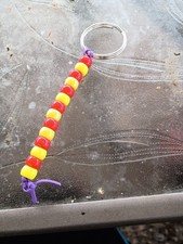 Handmade Handcrafted Beaded Keychain Red Yellow Beads Purple Cord