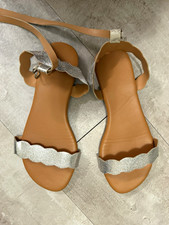 Women s Silver Glitter Strappy Ankle Strap Flat Leather Sandals Buckle EU 36